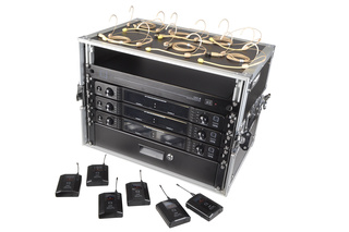 6 Way Wireless Microphone Set with Belt packs and Headsets Racked Ready to Use